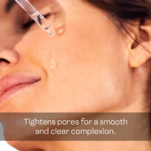 Woman applying anti wrinkle serum for oily skin with glass dropper to tighten pores and achieve a smooth clear complexion