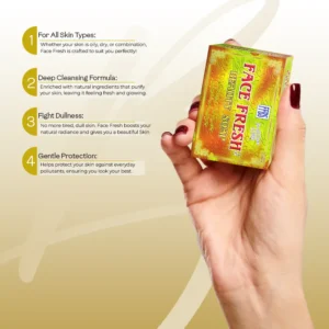 Hand holding Face Fresh Beauty Soap box with four key benefits — suitable for all skin types, deep cleansing formula, fights dullness, and gentle protection against pollutants