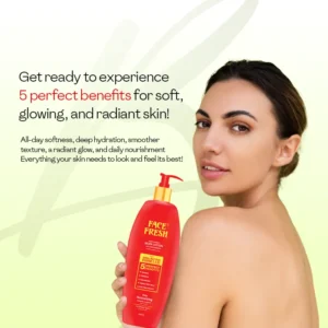 Woman with radiant glowing skin holding Face Fresh Body Lotion — the best nourishing body lotion for older dry skin with all-day softness, deep hydration, and smoother texture