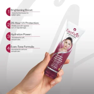 Hand holding Face Fresh Fairness Face Wash with key benefits — brightening boost, 24-hour UV protection, hydration power, and even-tone formula for oily skin