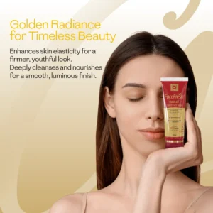 Woman with luminous complexion holding Face Fresh Gold face wash — the best face wash for radiant skin that deeply cleanses, nourishes, and enhances elasticity for a smooth finish