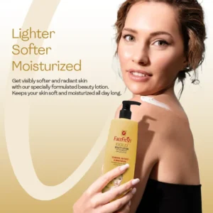 Woman holding Face Fresh Gold Plus beauty lotion applying cream on shoulder — the best lotion for stretch marks and body lotion for dark spots that keeps skin soft all day