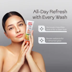 Model holding Face Fresh tube — a good natural face wash and all natural face wash that removes impurities and oil for a refreshed glow