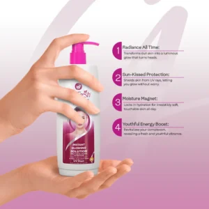Hand dispensing Face Fresh body lotion with four key benefits — all-day radiance, UV protection, deep moisture hydration, and youthful energy boost for dry skin