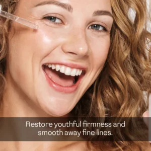 Woman applying serum with dropper to cheek — the best serum for acne scars and dark spots to restore youthful firmness and smooth fine lines