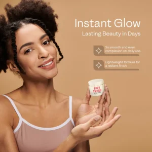 Woman with glowing complexion holding Face Fresh Beauty Cream jar — the best skin brightening cream for face with lightweight formula and instant glow results