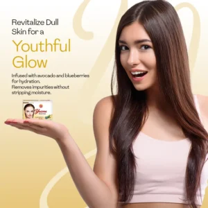 Model holding the best skin whitening soap box infused with avocado and blueberries to revitalize dull skin for a youthful glow