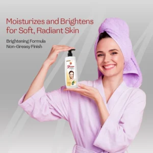 Woman in bathrobe holding perfumed body lotion for women that moisturizes and brightens for soft radiant skin