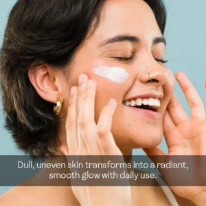 Woman applying body skin whitening cream to face to transform dull uneven skin into a radiant smooth glow