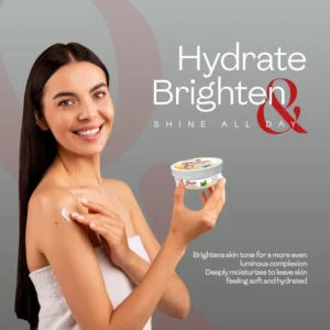 Woman applying body skin whitening cream on shoulder for bright, even, and luminous skin tone