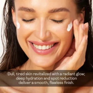 Woman applying cream and serum combo on face as part of a combo skin skincare routine — dull tired skin revitalized with deep hydration and spot reduction for a flawless finish