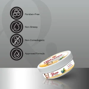 Yusma dark spot cream for body tub displaying 4 feature icons — paraben-free, non-greasy, non-comedogenic, and approved formula