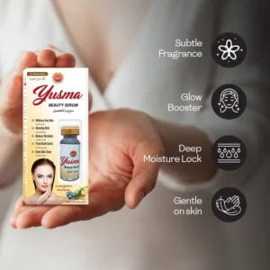 Hands holding Yusma dark spot serum for sensitive skin infographic displaying 4 feature icons including gentle on skin and deep moisture lock