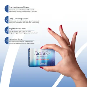 Hand holding Face Fresh deep cleansing soap box showing 4 key benefits — deep cleansing action, freckles removal, skin brightening, and hydration boost
