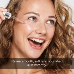 Woman applying L-glutathione serum with dropper on face revealing smooth soft nourished skin — visible whitening results instantly