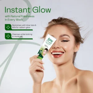Model smiling while holding Easy Fresh tube — a good face wash for sensitive skin and combo skin that revitalizes skin and locks in natural moisture