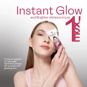 Woman holding Face Fresh brightening face wash tube showing instant glow and brighter skin tone with UV damage protection