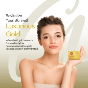 Woman with radiant skin holding Face Fresh glutathione soap infused with gold extracts — removes impurities while keeping skin soft hydrated and glowing