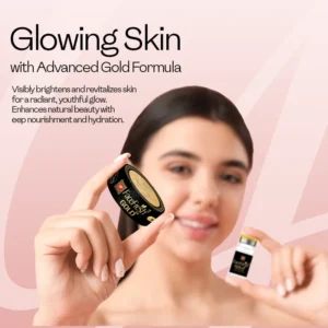 Woman with glowing skin holding Face Fresh Gold Plus cream and serum from the beauty gift box — visibly brightens and revitalizes skin with deep nourishment and hydration