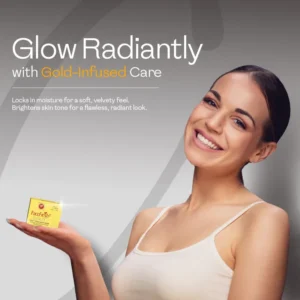 Woman with radiant glowing skin holding Face Fresh Gold Plus cream and serum combo pack — locks in moisture for a soft velvety feel and brightens skin tone for a flawless look