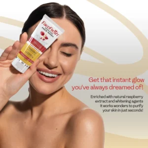 Smiling woman holding Face Fresh whitening face wash for instant skin glow and natural raspberry extract purification