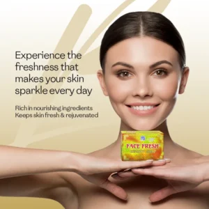 Woman with sparkling fresh skin holding Face Fresh Beauty Soap — a moisturizing soap rich in nourishing ingredients that keeps skin rejuvenated every day