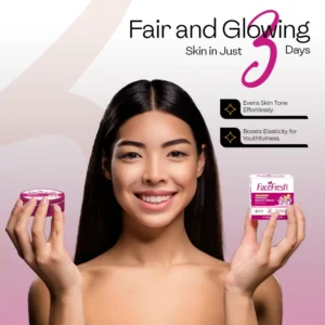 Woman holding Face Fresh Fairness Beauty Cream showing results of even skin tone and reduced pigmentation in 3 days