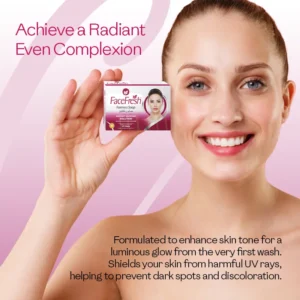 Woman with radiant even complexion holding Face Fresh Fairness Soap — a skin lightening soap that helps prevent dark spots and discoloration
