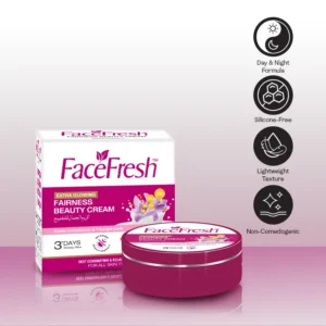 Face Fresh ultra glow skin cream with box and open jar showing day and night formula, silicone-free, lightweight, and non-comedogenic features