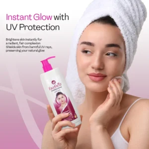 Woman with towel-wrapped hair holding Face Fresh whitening body lotion for a radiant fair complexion and instant glow after shower