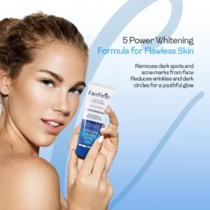 Model holding face wash for aging skin and black spots showing 5-power formula for dark spots and wrinkle reduction
