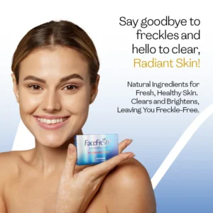 Smiling woman holding Face Fresh fragrance free facial soap box — a natural ingredients cleansing bar for clear radiant skin