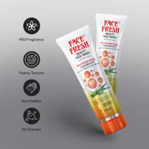 Face Fresh herbal face wash tubes with 4 icons highlighting mild fragrance, foamy texture, no irritation, and no dryness — a gentle face wash for rosacea