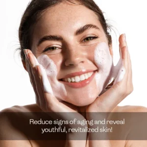 Woman washing face with glutathione soap lather to reduce signs of aging and reveal youthful revitalized skin