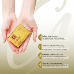 Hands holding Face Fresh glutathione whitening soap with four benefits — radiant glow booster, gentle effective cleansing, nourishing hydration formula, and everyday luxury skincare experience