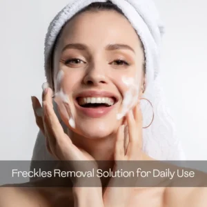 Woman with head towel washing face with rich glycerin facial soap lather for daily freckles removal and deep cleansing