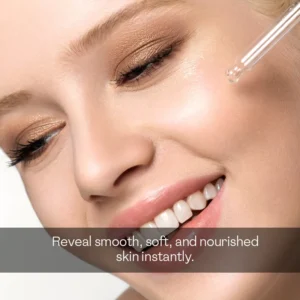 Woman applying vitamin C serum with dropper near under-eye area to reduce dark circles naturally at home for smooth nourished skin