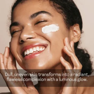 Woman applying beauty balm cream on face transforming dull uneven skin into a radiant flawless complexion with luminous glow