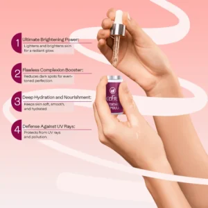 Hands opening Face Fresh glutathione ampoule with dropper showing benefits — brightening power, flawless complexion, deep hydration and nourishment, and UV defense