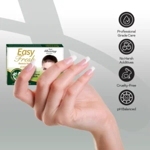 Hand holding Easy Fresh soap for sensitive skin infographic highlighting 4 features — professional care, no harsh additives, cruelty-free, and pH balanced