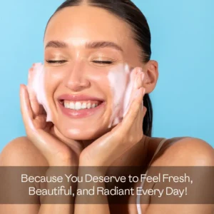 Woman washing face with beauty soap lather showing fresh radiant and beautiful skin — visible results of using kojic acid whitening soap daily