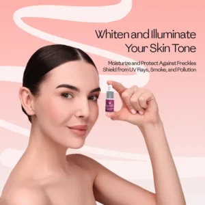 Woman with illuminated skin tone holding Face Fresh L-Glutathione ampoule for face — lightens skin and protects against freckles, UV rays, and pollution