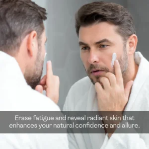 Man applying face cream for men in bathroom mirror to erase skin fatigue and reveal radiant hydrated skin
