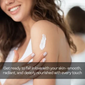 Woman applying light moisturizing body lotion on shoulder for smooth radiant and deeply nourished skin — a nourishing shea butter lotion for daily body care