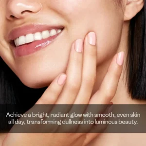 Close-up of woman with smooth radiant skin after using skin lightening lotion — bright even complexion with all-day glow
