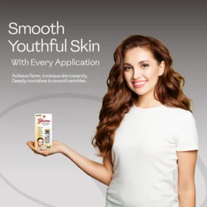 Smiling woman holding Yusma skin whitening serum for face for luminous glowing skin and smooth youthful appearance