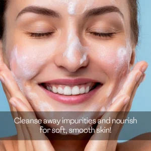 Smiling woman applying rich lather of skin whitening soap to cleanse away impurities and nourish for soft smooth skin