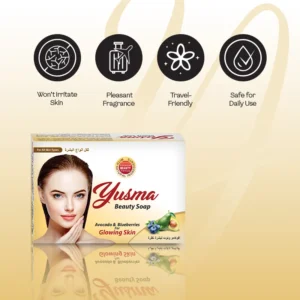 Yusma soap that whitens skin box displaying 4 features — non-irritating, pleasant fragrance, travel-friendly, and safe for daily use