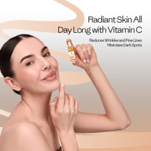 Woman with radiant skin holding Face Fresh Vitamin C serum for dark circles — reduces wrinkles, fine lines, and minimizes dark spots for all-day glow