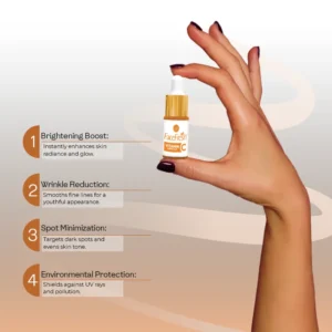 Hand holding Face Fresh Vitamin C ampoule with four key benefits for face — brightening boost, wrinkle reduction, dark spot minimization, and environmental protection from UV rays